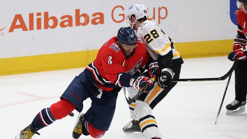 Feb 23, 2021; Washington, District of Columbia, USA; Washington Capitals left wing Alex Ovechkin (8) and Pittsburgh Penguins defenseman Marcus Pettersson (28) battle for the puck in the second period at Capital One Arena. Mandatory Credit: Geoff Burke-USA TODAY Sports