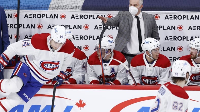 Feb 25, 2021; Winnipeg, Manitoba, CAN;  Canadiens  Montreal Canadiens Interim Head Coach Dominique Ducharme signals to a player during the first period against the Winnipeg Jets at Bell MTS Place. Mandatory Credit: James Carey Lauder-USA TODAY Sports