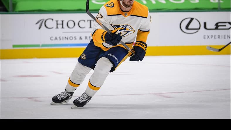 Jan 22, 2021; Dallas, Texas, USA; Nashville Predators center Ryan Johansen (92) in action during the game between the Dallas Stars and the Nashville Predators at the American Airlines Center. Mandatory Credit: Jerome Miron-USA TODAY Sports