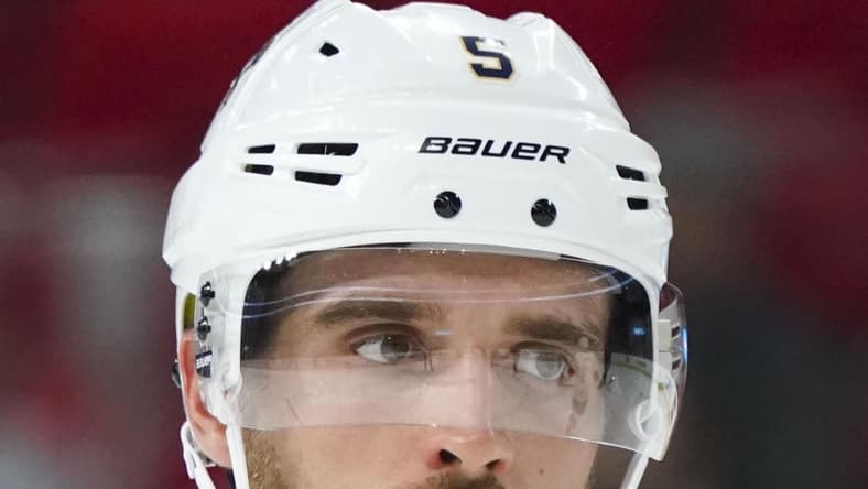 Nov 7, 2017; Raleigh, NC, USA;  Florida Panthers defensemen Aaron Ekblad (5) looks on during the time out against the Carolina Hurricanes at PNC Arena. The Carolina Hurricanes defeated the Florida Panthers 3-1. Mandatory Credit: James Guillory-USA TODAY Sports