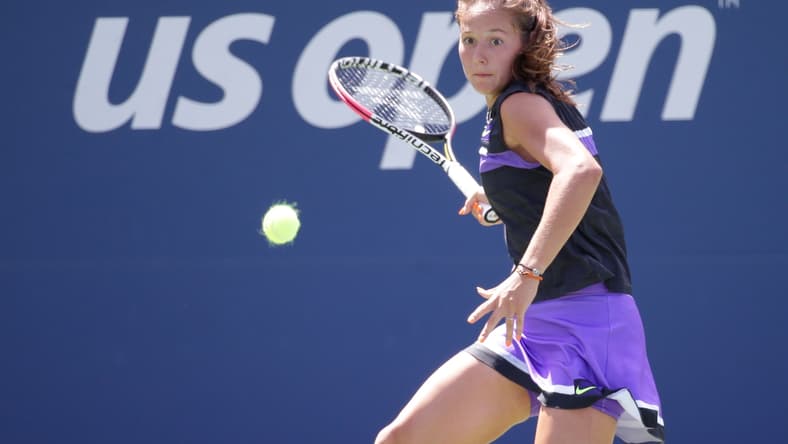 Aug 26, 2019; Flushing, NY, USA; Daria Kasatkina of Russia returns a shot against Johanna Konta of Great Britain in a first round match on day one of the 2019 U.S. Open tennis tournament at USTA Billie Jean King National Tennis Center. Mandatory Credit: Jerry Lai-USA TODAY Sports