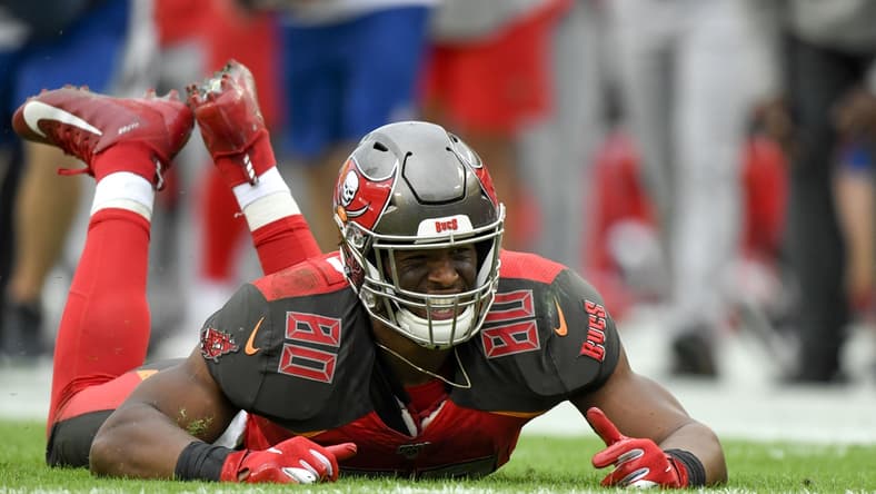 Dec 21, 2019; Tampa, Florida, USA; Tampa Bay Buccaneers tight end O.J. Howard (80) reacts during the fourth quarter against the Houston Texans at Raymond James Stadium. Mandatory Credit: Douglas DeFelice-USA TODAY Sports