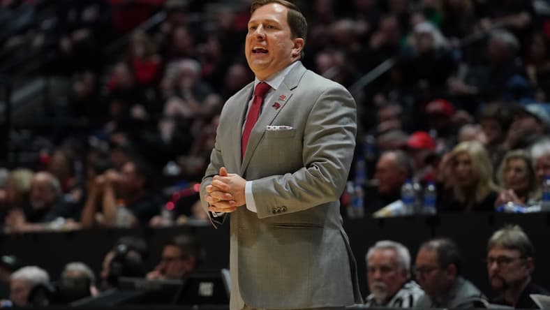 Feb 22, 2020; San Diego, California, USA; UNLV Rebels head coach T.J. Otzelberger reacts in the second half against the San Diego State Aztecs at Viejas Arena. UNLV won 66-63. Mandatory Credit: Kirby Lee-USA TODAY Sports