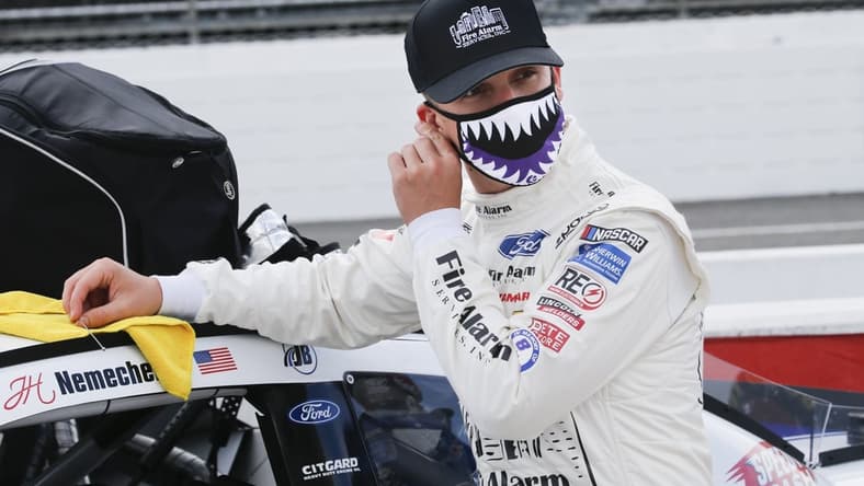 Jun 10, 2020; Martinsville, VA, USA; NASCAR driver John Hunter Nemechek waits for the start of the NASCAR Cup Series at Martinsville at Martinsville Speedway. Mandatory Credit: Steve Helber/Pool Photo via USA TODAY Network