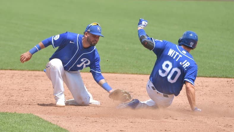 Jul 7, 2020; Kansas City, Missouri, United States; Kansas City Royals shortstop Humberto Arteaga (2) tags out infielder Bobby Witt Jr. (90) during workouts at Kauffman Stadium. Mandatory Credit: Denny Medley-USA TODAY Sports