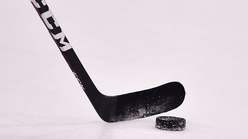 Jul 14, 2020; St. Louis, Missouri, USA; A view of a St. Louis Blues players hockey stick and puck during a NHL workout at Centene Community Ice Center. Mandatory Credit: Jeff Curry-USA TODAY Sports
