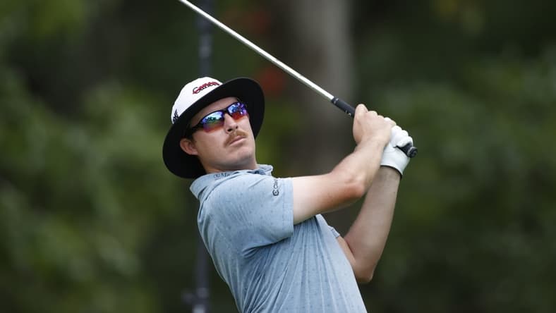 Aug 27, 2020; Olympia Fields, Illinois, USA; Joel Dahmen hits his tee shot on the 16th hole during the first round of the BMW Championship golf tournament at Olympia Fields Country Club - North. Mandatory Credit: Brian Spurlock-USA TODAY Sports