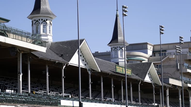 Sep 5, 2020; Louisville, Kentucky, USA; A general view of the Twin Spires before the 146th running of the Kentucky Derby at Churchill Downs. Mandatory Credit: Brian Spurlock-USA TODAY Sports