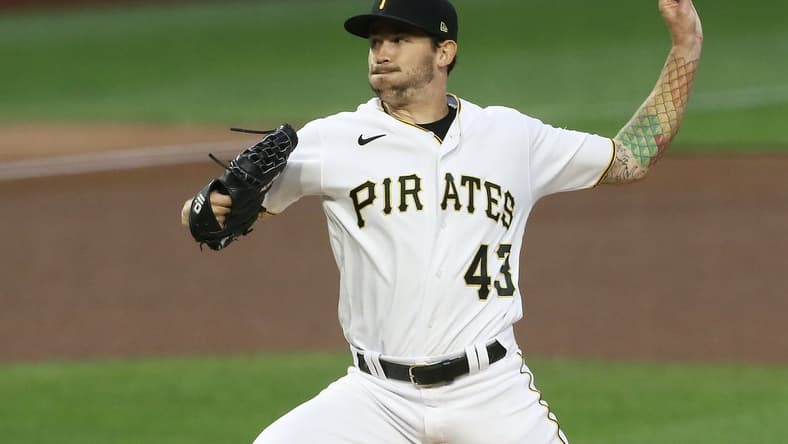 Sep 22, 2020; Pittsburgh, Pennsylvania, USA;  Pittsburgh Pirates starting pitcher Steven Brault (43) delivers a pitch against the Chicago Cubs during the first inning at PNC Park. Mandatory Credit: Charles LeClaire-USA TODAY Sports