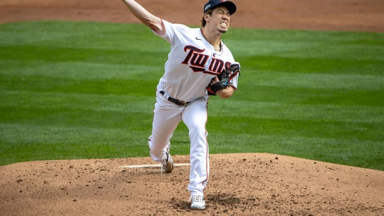 Sep 29, 2020; Minneapolis, Minnesota, USA; (Minnesota Twins starting pitcher Kenta Maeda (18) delivers a pitch in the 3rd inning against the Houston Astros at Target Field. Mandatory Credit: Jesse Johnson-USA TODAY Sports