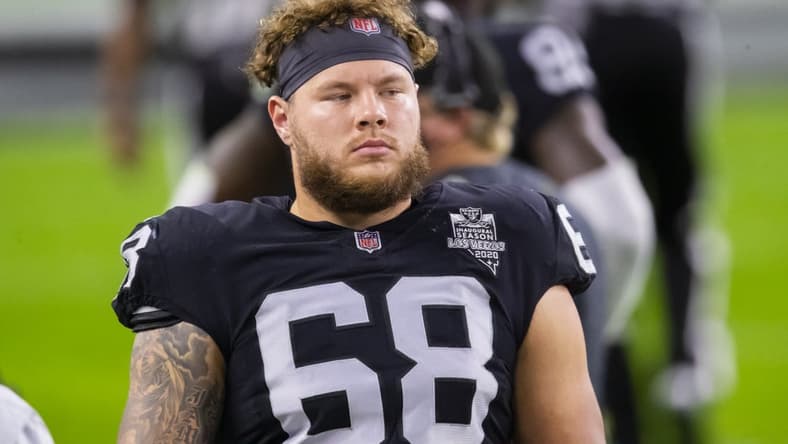 Nov 22, 2020; Paradise, Nevada, USA; Las Vegas Raiders offensive tackle Andre James (68) against the Kansas City Chiefs at Allegiant Stadium. Mandatory Credit: Mark J. Rebilas-USA TODAY Sports