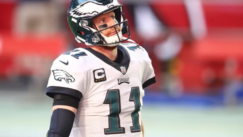 Dec 20, 2020; Glendale, Arizona, USA; Philadelphia Eagles quarterback Carson Wentz (11) against the Arizona Cardinals at State Farm Stadium. Mandatory Credit: Mark J. Rebilas-USA TODAY Sports