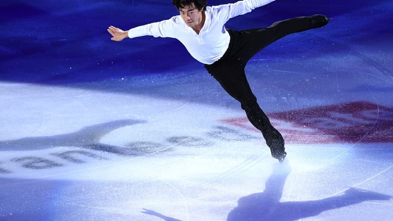 Jan 17, 2021; Las Vegas, Nevada, USA; Nathan Chen performs during the Skating Spectacular event at the 2021 U.S. Figure Skating Championships at Orleans Arena. Mandatory Credit: Orlando Ramirez-USA TODAY Sports