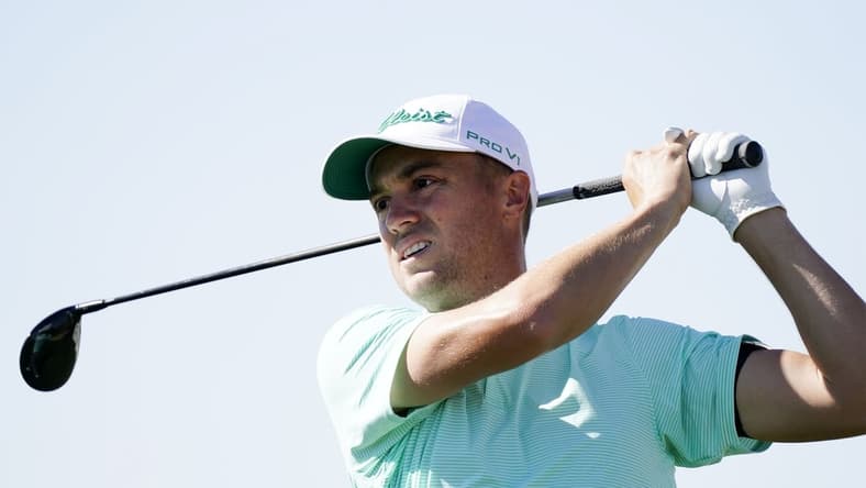 Feb 6, 2021; Scottsdale, Arizona, USA; Justin Thomas plays his tee shot on the ninth hole during round three of the Waste Management Phoenix Open at TPC Scottsdale. Mandatory Credit: Rob Schumacher-Arizona Republic via USA TODAY Network