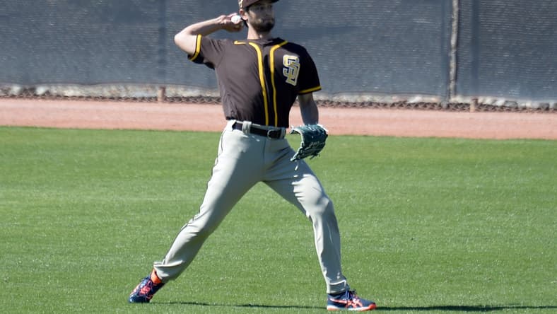 Feb 22, 2021; Peoria, Arizona, USA; San Diego Padres pitcher Yu Darvish throws during a spring training workout at Peoria Sports Complex. Mandatory Credit: Joe Camporeale-USA TODAY Sports