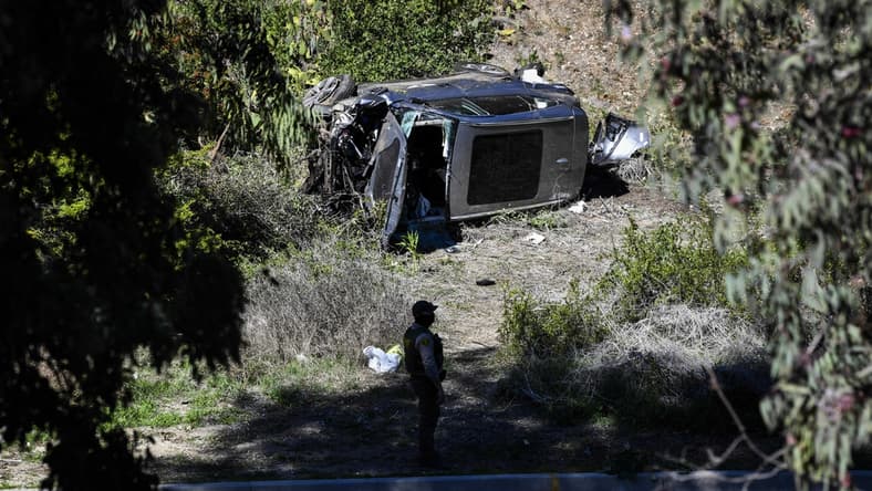 Feb 23, 2021; Rancho Palos Verdes, CA, USA; The vehicle of Tiger Woods after he was involved in a rollover accident in Rancho Palos Verdes on February 23, 2021. Woods had to be extricated from the wreck with the "jaws of life" by LA County firefighters, and is currently hospitalized. Mandatory Credit: Harrison Hill-USA TODAY