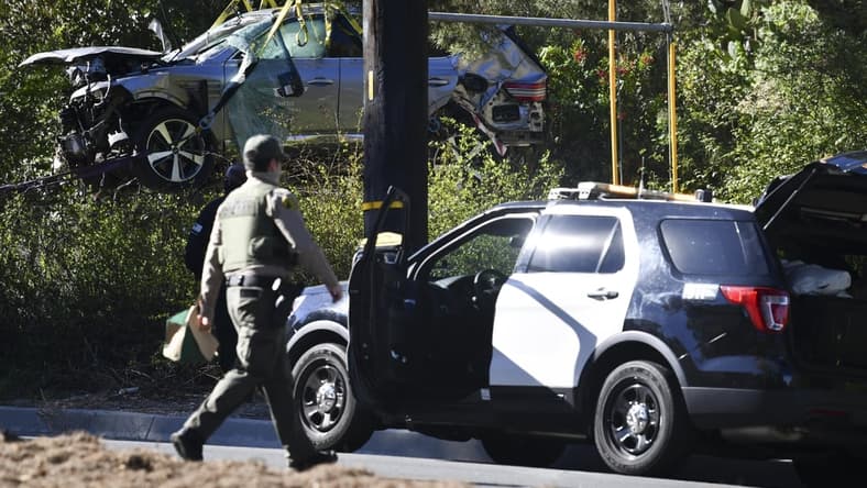 Feb 23, 2021; Rancho Palos Verdes, CA, USA; The vehicle of Tiger Woods after he was involved in a rollover accident in Rancho Palos Verdes on February 23, 2021. Woods had to be extricated from the wreck with the "jaws of life" by LA County firefighters, and is currently hospitalized. Mandatory Credit: Harrison Hill-USA TODAY