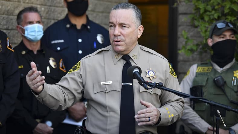 Feb 23, 2021; Rancho Palos Verdes, CA, USA; Alex Villanueva, Sheriff for the LA County Police Department speaks at a press conference about an accident involving Tiger Woods at Lomita County Sheriff's Station. Mandatory Credit: Harrison Hill-USA TODAY