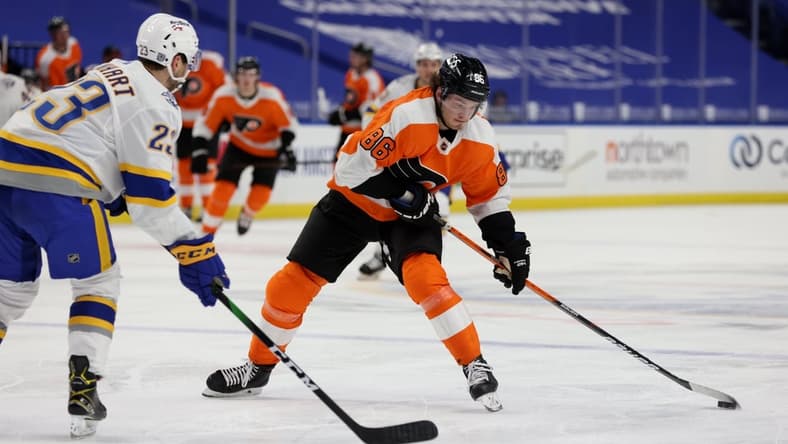 Feb 28, 2021; Buffalo, New York, USA; Buffalo Sabres center Sam Reinhart (23) looks to block a shot by Philadelphia Flyers left wing Joel Farabee (86) during the third period at KeyBank Center. Mandatory Credit: Timothy T. Ludwig-USA TODAY Sports