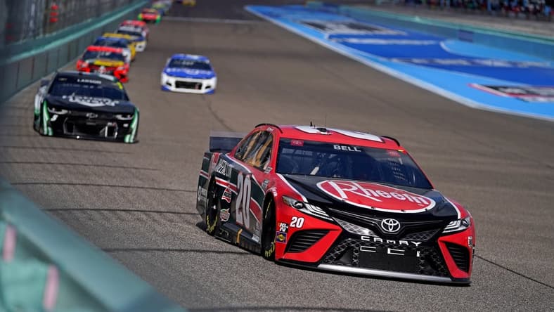 Feb 28, 2021; Homestead, Florida, USA; NASCAR Cup Series driver Christopher Bell (20) races during the Dixie Vodka 400 Homestead-Miami Speedway.  Mandatory Credit: Jasen Vinlove-USA TODAY Sports