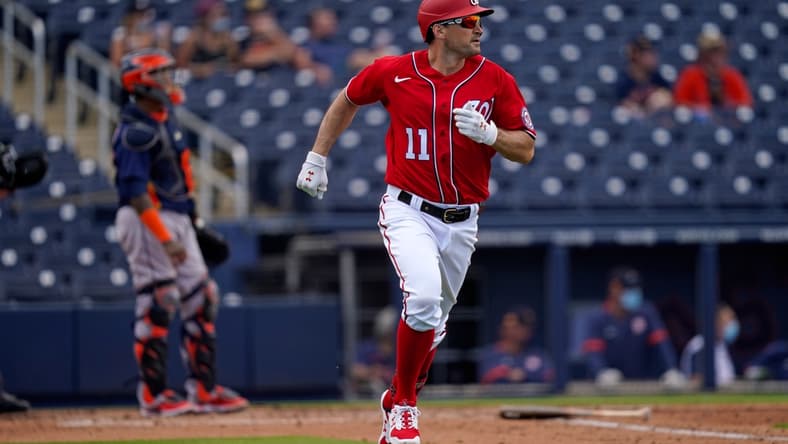 Mar 1, 2021; West Palm Beach, Florida, USA; Washington Nationals first baseman Ryan Zimmerman (11) rounds the bases after hitting a solo homerun in the 3rd inning of the spring training game against the Houston Astros at The Ballpark of the Palm Beaches. Mandatory Credit: Jasen Vinlove-USA TODAY Sports