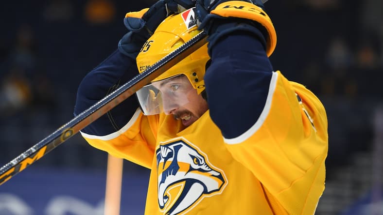 Mar 2, 2021; Nashville, Tennessee, USA; Nashville Predators center Matt Duchene (95) reacts after being stopped on a shot during the third period against the Carolina Hurricanes at Bridgestone Arena. Mandatory Credit: Christopher Hanewinckel-USA TODAY Sports