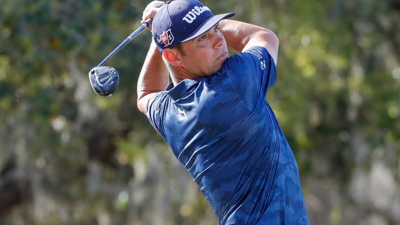 Feb 27, 2021; Bradenton, Florida,  USA; Gary Woodland plays his shot from the 15th tee during the third round of World Golf Championships at The Concession golf tournament at The Concession Golf Club. Mandatory Credit: Mike Watters-USA TODAY Sports