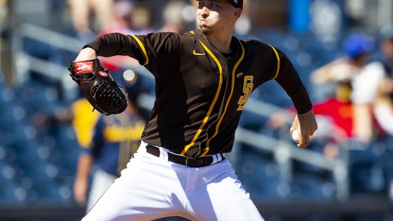 Mar 3, 2021; Peoria, Arizona, USA; San Diego Padres pitcher Blake Snell against the Milwaukee Brewers during a Spring Training game at Peoria Sports Complex. Mandatory Credit: Mark J. Rebilas-USA TODAY Sports