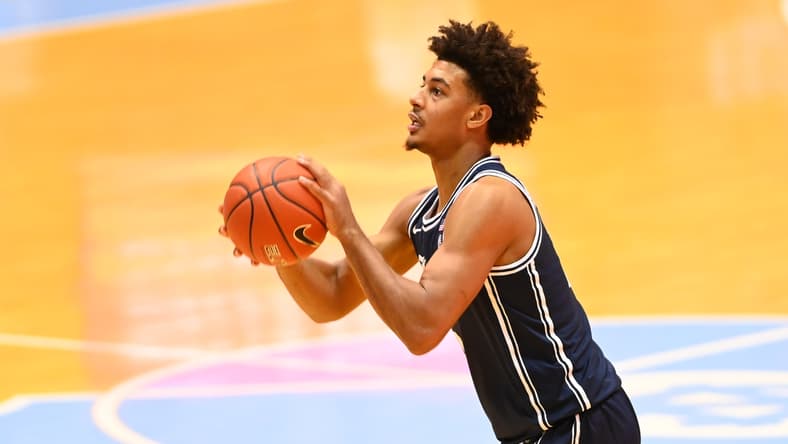 Mar 6, 2021; Chapel Hill, North Carolina, USA; Duke Blue Devils forward Jaemyn Brakefield (5) shoots in the second half at Dean E. Smith Center. Mandatory Credit: Bob Donnan-USA TODAY Sports