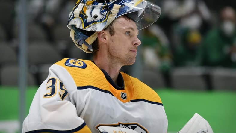 Mar 7, 2021; Dallas, Texas, USA; Nashville Predators goaltender Pekka Rinne (35) reacts to giving up three goals during the third period against the Dallas Stars at the American Airlines Center. Mandatory Credit: Jerome Miron-USA TODAY Sports