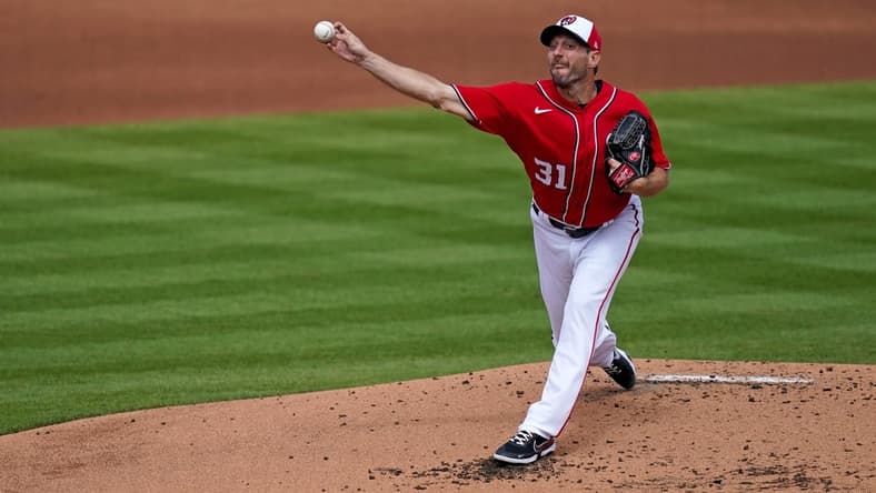 Mar 10, 2021; West Palm Beach, Florida, USA; Washington Nationals starting pitcher Max Scherzer (31) delivers a pitch in the 2nd inning of the spring training game against the St. Louis Cardinals at The Ballpark of the Palm Beaches. Mandatory Credit: Jasen Vinlove-USA TODAY Sports