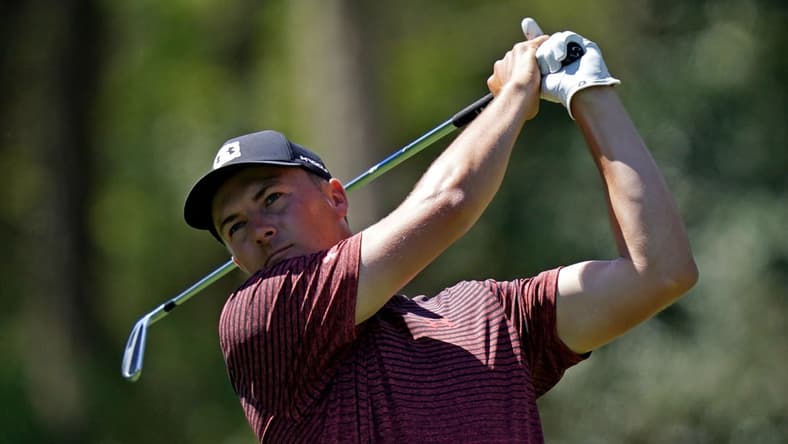 Mar 12, 2021; Ponte Vedra Beach, Florida, USA; Jordan Spieth plays his shot from the eighth tee during the second round of The Players Championship golf tournament at TPC Sawgrass - Stadium Course. Mandatory Credit: Jasen Vinlove-USA TODAY Sports