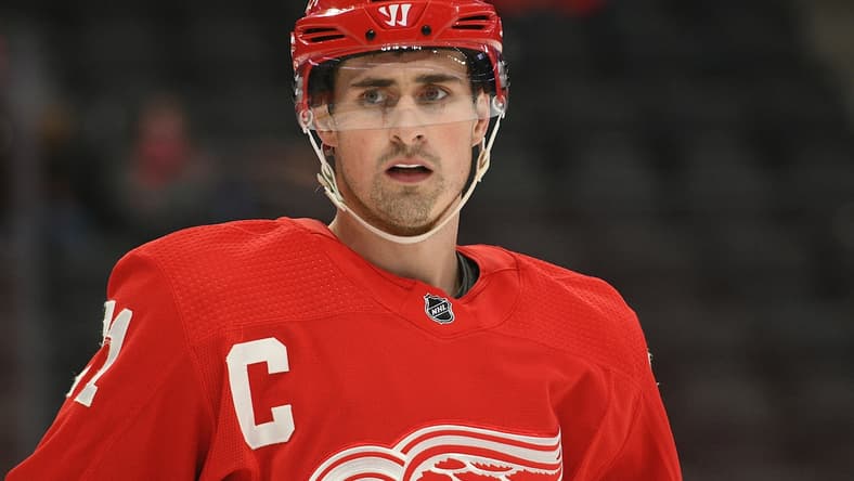 Mar 11, 2021; Detroit, Michigan, USA; Detroit Red Wings center Dylan Larkin (71) during the game against the Tampa Bay Lightning at Little Caesars Arena. Mandatory Credit: Tim Fuller-USA TODAY Sports
