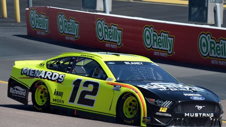 Mar 14, 2021; Avondale, Arizona, USA; NASCAR Cup Series driver Ryan Blaney (12) drives during the NASCAR Instacart 500 at Phoenix Raceway. Mandatory Credit: Joe Camporeale-USA TODAY Sports
