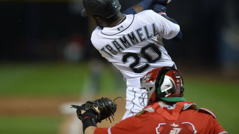 Mar 17, 2021; Peoria, Arizona, USA; Seattle Mariners center fielder Taylor Trammell (20) bats against the Los Angeles Angels during the second inning of a spring training game at Peoria Sports Complex. Mandatory Credit: Joe Camporeale-USA TODAY Sports