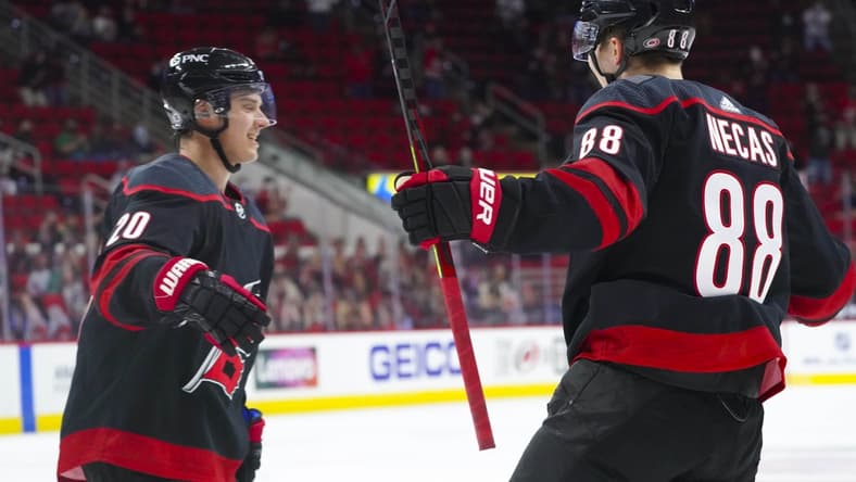 Mar 18, 2021; Raleigh, North Carolina, USA; Carolina Hurricanes right wing Sebastian Aho (20) celebrates his second period goal with center Martin Necas (88) against the Columbus Blue Jackets at PNC Arena. Mandatory Credit: James Guillory-USA TODAY Sports