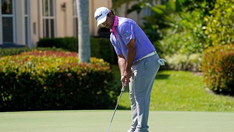 Mar 19, 2021; Palm Beach Gardens, Florida, USA; Rafael Campos putts on the 17th green during the second round of The Honda Classic golf tournament at PGA National (Champion). Mandatory Credit: Jasen Vinlove-USA TODAY Sports