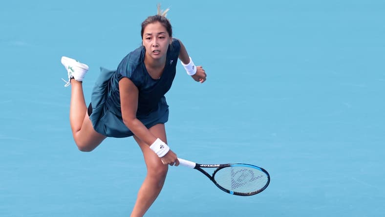 Mar 23, 2021; Miami, Florida, USA; Zarina Dayas of Kazakhstan reacts to missing a serves States (not pictured) in the first round of the Miami Open at Hard Rock Stadium. Mandatory Credit: Geoff Burke-USA TODAY Sports