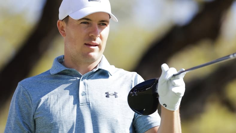 Mar 25, 2021; Austin, Texas, USA; Jordan Spieth on #1 tee box during the second day of the WGC Dell Technologies Match Play golf tournament at Austin Country Club. Mandatory Credit: Erich Schlegel-USA TODAY Sports