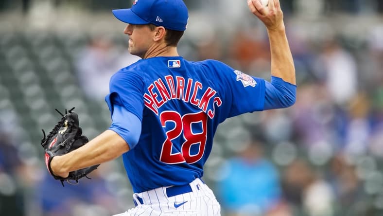 Mar 26, 2021; Mesa, Arizona, USA; Chicago Cubs pitcher Kyle Hendricks against the San Francisco Giants during a Spring Training game at Sloan Park. Mandatory Credit: Mark J. Rebilas-USA TODAY Sports