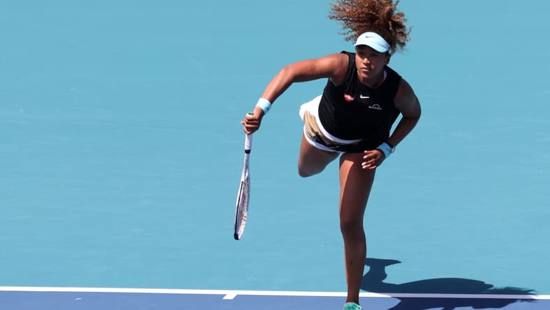 Mar 26, 2021; Miami, Florida, USA; Naomi Osaka of Japan serves against Ajla Tomljanovic of Australia (not pictured) in the second round in the Miami Open at Hard Rock Stadium. Mandatory Credit: Geoff Burke-USA TODAY Sports