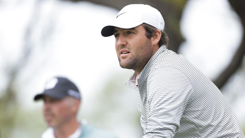 Mar 28, 2021; Austin, Texas, USA; Scottie Scheffler and Matt Kuchar on #10 tee box in the semifinal match of the final day of the WGC Dell Technologies Match Play golf tournament at Austin Country Club. Mandatory Credit: Erich Schlegel-USA TODAY Sports