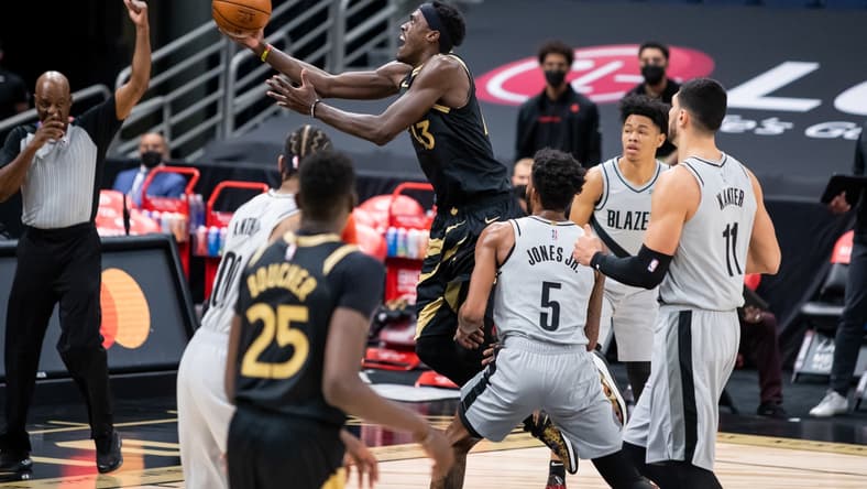 Mar 28, 2021; Tampa, Florida, USA; Toronto Raptors forward Pascal Siakam (43) attempts a shot against the Portland Trail Blazers during the first quarter of a game at Amalie Arena. Mandatory Credit: Mary Holt-USA TODAY Sports