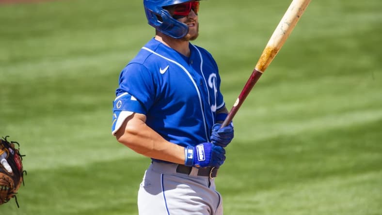 Mar 24, 2021; Tempe, Arizona, USA; Kansas City Royals outfielder Kyle Isbel against the Los Angeles Angels during a Spring Training game at Tempe Diablo Stadium. Mandatory Credit: Mark J. Rebilas-USA TODAY Sports