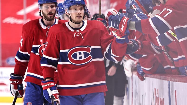 Mar 30, 2021; Montreal, Quebec, CAN; Montreal Canadiens left wing Artturi Lehkonen (62) celebrates his goal against the Edmonton Oilers with teammates during the first period at Bell Centre. Mandatory Credit: Jean-Yves Ahern-USA TODAY Sports