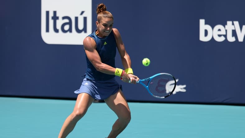 Mar 31, 2021; Miami, Florida, USA; Maria Sakkari of Greece hits a backhand against Naomi Osaka of Japan (not pictured) in a women's singles quarterfinal hits a forehand against in the Miami Open at Hard Rock Stadium. Mandatory Credit: Geoff Burke-USA TODAY Sports