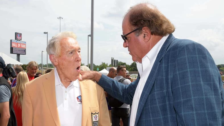 Aug 3, 2018; Canton, OH, USA; Buffalo Bills former coach Marv Levy (left) talks with ESPN broadcaster Chris Berman at the Pro Football Hall of Fame. Mandatory Credit: Kirby Lee-USA TODAY Sports