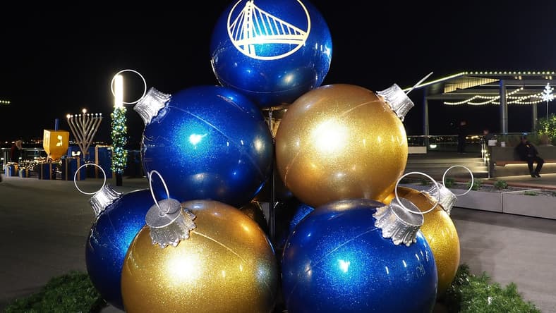 Dec 23, 2019; San Francisco, California, USA; Decorative oversize ornaments with Golden State Warriors logo on display outside Chase Center before the game against the Minnesota Timberwolves. Mandatory Credit: Kelley L Cox-USA TODAY Sports