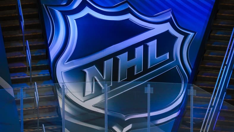 Aug 13, 2020; Edmonton, Alberta, CAN; General view of NHL logo in the stands during the warmup period between the Dallas Stars and the Calgary Flames in game two of the first round of the 2020 Stanley Cup Playoffs at Rogers Place. Mandatory Credit: Sergei Belski-USA TODAY Sports