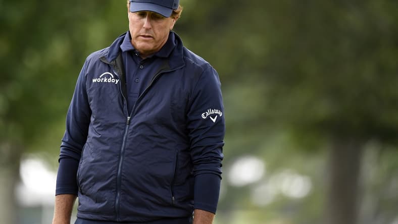 Sep 18, 2020; Mamaroneck, New York, USA; Phil Mickelson reacts after missing a putt on the second green during the second round of the U.S. Open golf tournament at Winged Foot Golf Club - West. Mandatory Credit: Danielle Parhizkaran-USA TODAY Sports